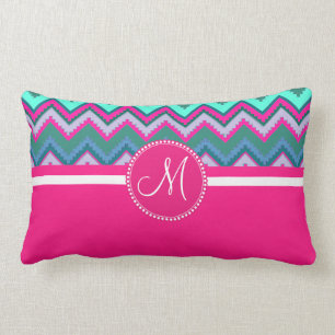 Monogram Aqua Teal Blue Pink Tribal Chevron Zigzag Lumbar Cushion