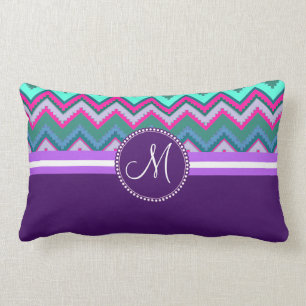 Monogram Aqua Teal Blue Pink Tribal Chevron Zigzag Lumbar Cushion