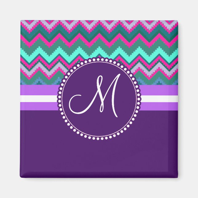 Monogram Aqua Teal Blue Pink Tribal Chevron Zigzag Magnet (Front)