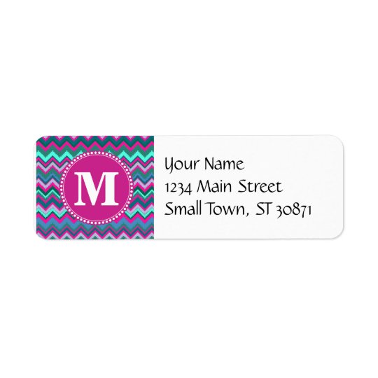 Monogram Aqua Teal Blue Pink Tribal Chevron Zigzag Return Address Label