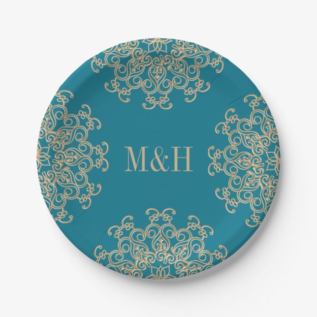 Monogram Aquamarine and Gold Indian Style Wedding Paper Plate (Front)