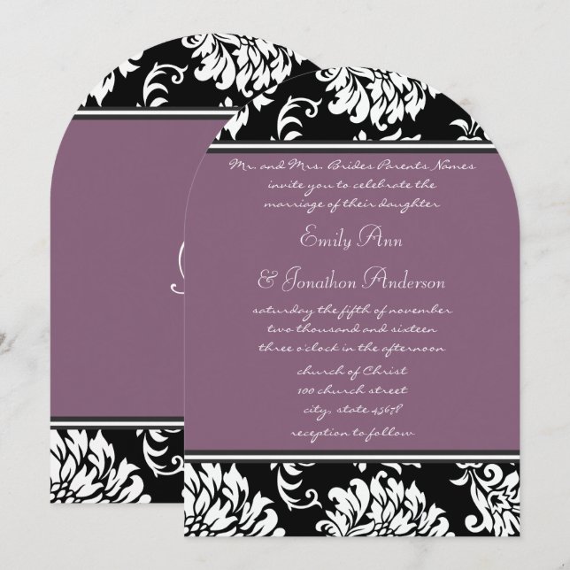 Monogram Arch Shape Purple Vintage Damask Wedding Invitation (Front/Back)