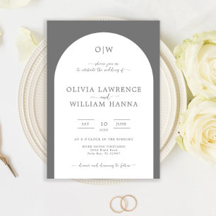Monogram Arch Silver Grey Handwritten Wedding Invitation