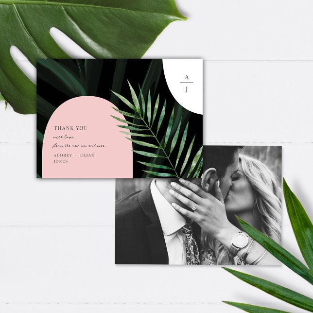 Monogram Arches Tropical Wedding Photo Thank You Card (Creator Uploaded)