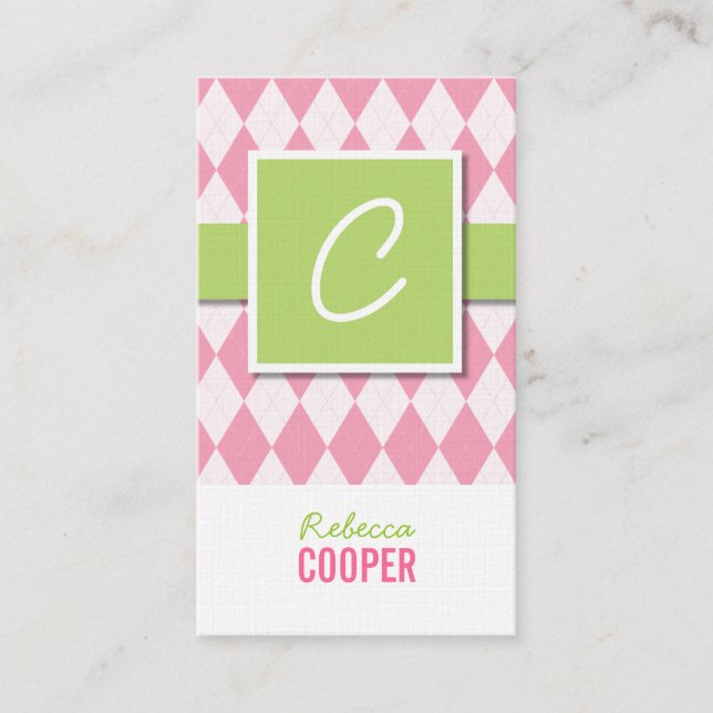 Monogram argyle business cards in pink (Front)