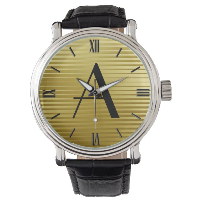 Monogram Art Deco Gold Satin Stripes Watch (Front)