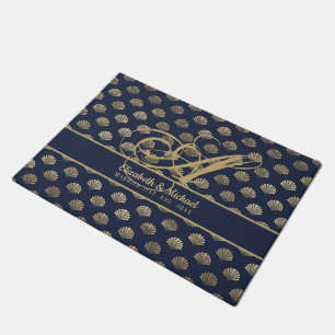 Monogram ART Deco Navy Blue Gold Shells Newlyweds Doormat