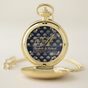 Monogram ART Deco Navy Blue Gold Shells Newlyweds Pocket Watch