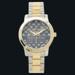 Monogram ART Deco Navy Blue Gold Shells Newlyweds Watch<br><div class="desc">Elegant wedding gift for newlyweds featuring their surname monogram as a fancy calligraphy letter, their first names and the date of marriage. The theme is navy blue with a gold shell pattern art deco style.</div>