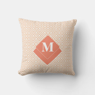 Monogram Art Deco Orange Geometric Greek Pattern Cushion