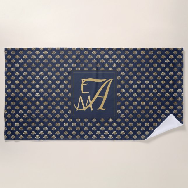 Monogram ART DECO Shells Navy Blue Gold Newlyweds Beach Towel (Front)
