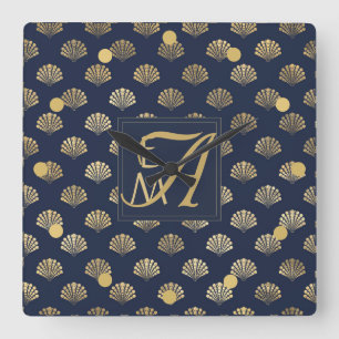 Monogram ART DECO Shells Navy Blue Gold Newlyweds Square Wall Clock