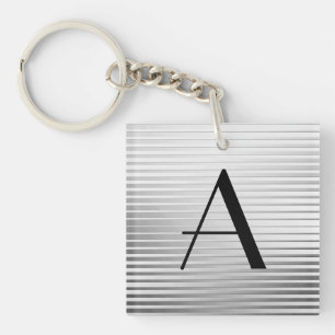 Monogram Art Deco Silver Satin Stripes Key Ring