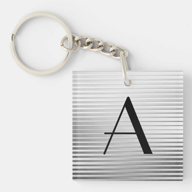 Monogram Art Deco Silver Satin Stripes Key Ring (Front)