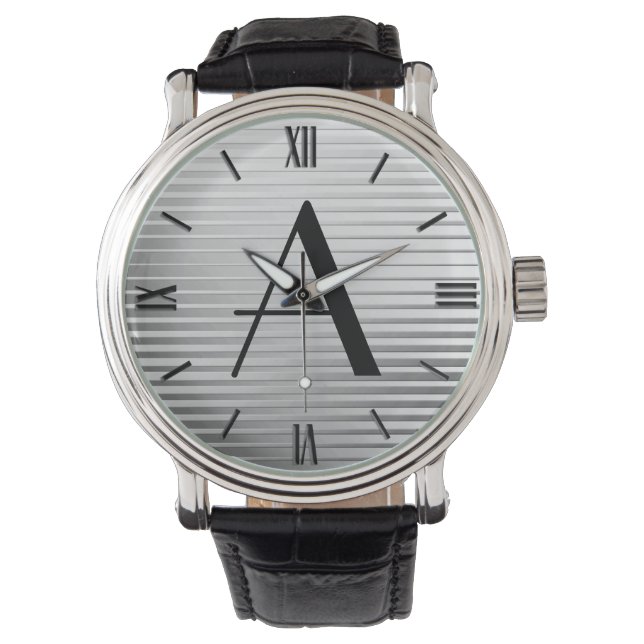 Monogram Art Deco Silver Satin Stripes Watch (Front)