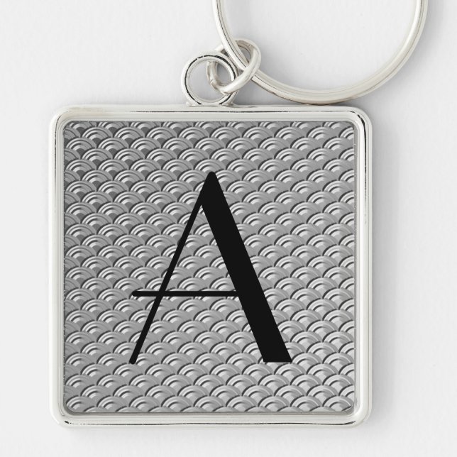 Monogram Art Deco Silver Wave Pattern Key Ring (Front)