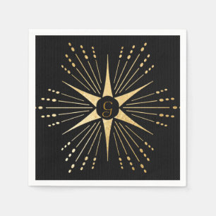 Monogram Art Deco Star Black and Gold Napkin