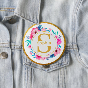 Monogram Art I Gold Initial and Watercolor Rose 10 Cm Round Badge