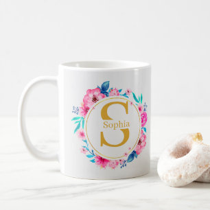 Monogram Art I Gold Initial and Watercolor Rose  Coffee Mug