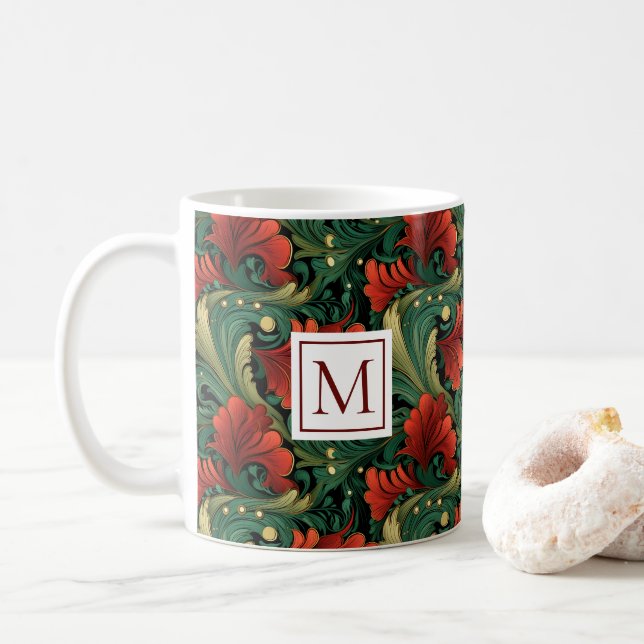 Monogram Art Noveau Christmas Green Red Pattern Coffee Mug (With Donut)