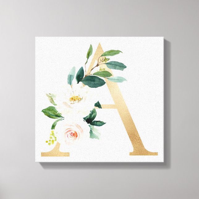 Monogram Art Print, Floral Letter A, Wedding Gift Canvas Print (Front)