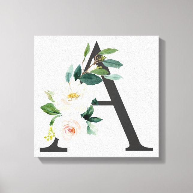 Monogram Art Print, Floral Letter A, Wedding Gift Canvas Print (Front)