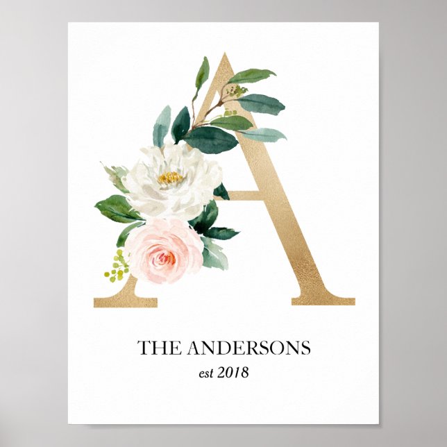 Monogram Art Print, Letter A, Wedding, Nursery Poster (Front)