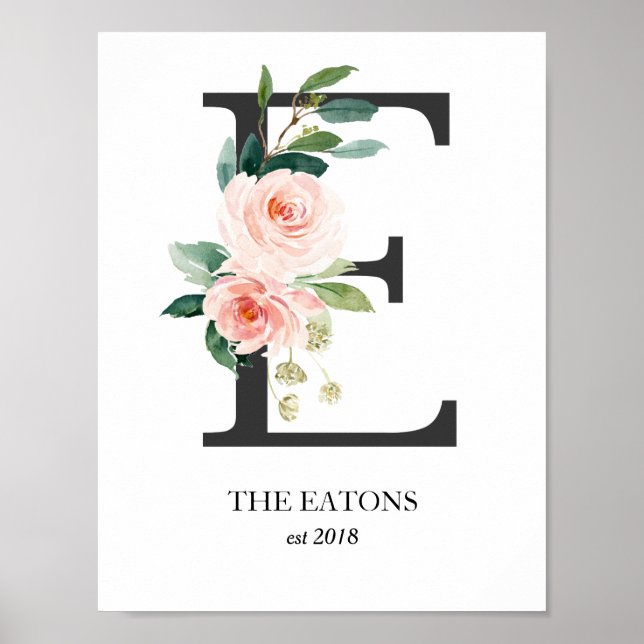 Monogram Art Print, Letter E, Wedding, Nursery Poster (Front)
