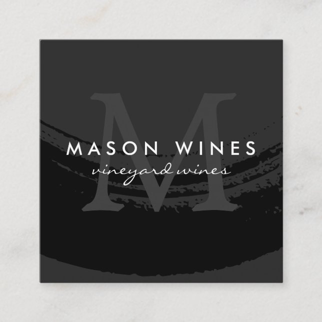 Monogram Artistic Brushed Black Wine Glass Square Business Card (Front)