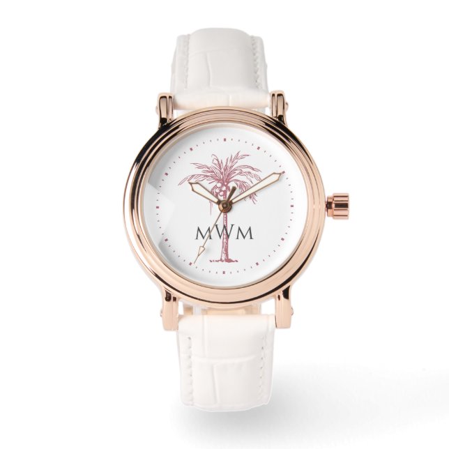 Monogram Artistic Rose Gold Palm Tree Tropical Watch (Front)