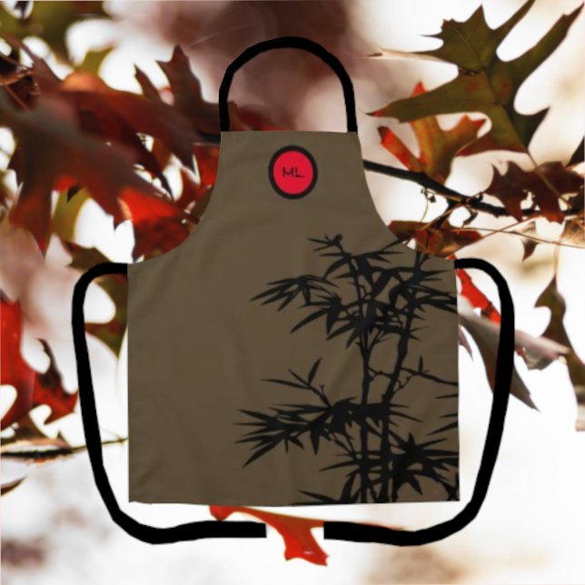 Monogram Asian Style Red Moon Brown Apron (Creator Uploaded)