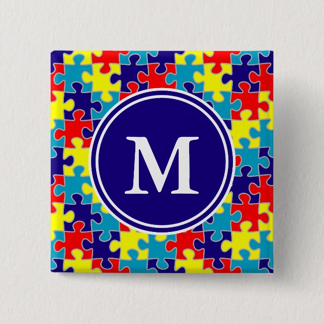 Monogram Autism Awareness Aspergers Puzzle Pattern 15 Cm Square Badge (Front)