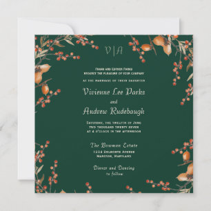 Monogram Autumn Acorn Evergreen Wedding Invitation