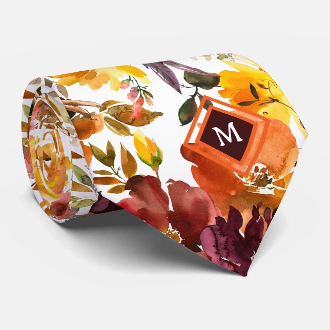 Monogram Autumn Colours Gold Peach Roses Floral Tie (Rolled)