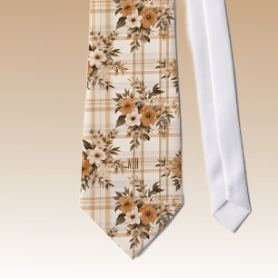 Monogram Autumn-Fall Florals Plaid Pattern Necktie
