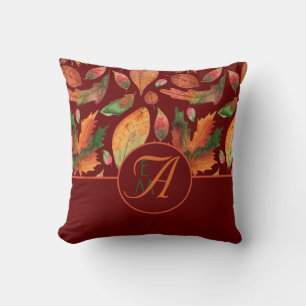 Monogram Autumn Leaves Fall Burgundy Decor Cushion
