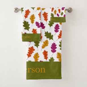 Monogram Autumn Leaves Fall Colours Green Yellow Bath Towel Set