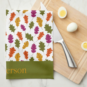 Monogram Autumn Leaves Fall Colours Green Yellow Tea Towel