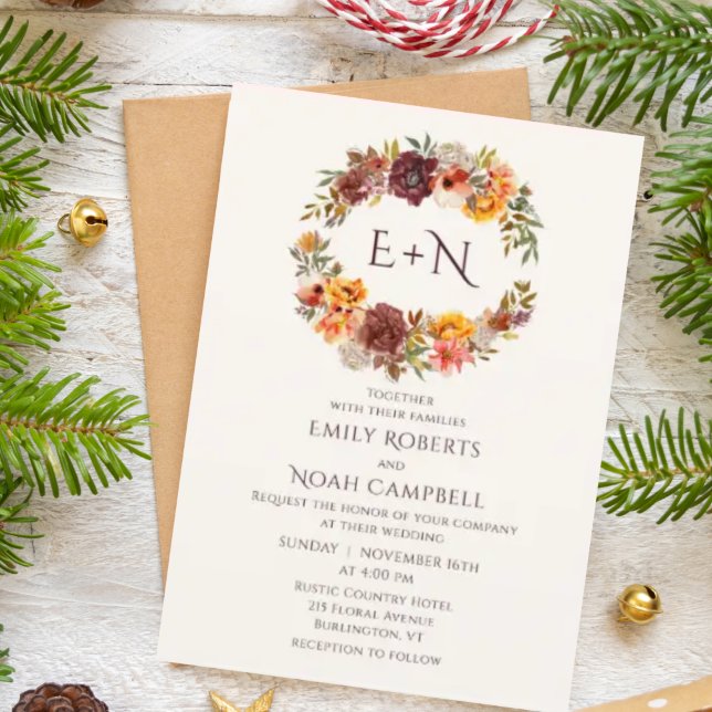 Monogram Autumn Rustic Plum Orange Floral Wedding Invitation (Creator Uploaded)