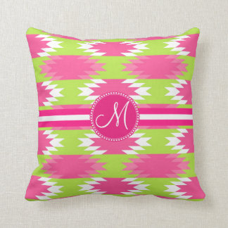 Monogram Aztec Andes Tribal Hot Pink Lime Green Cushion