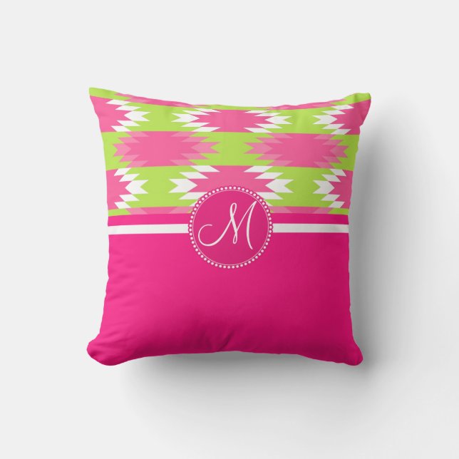 Monogram Aztec Andes Tribal Hot Pink Lime Green Cushion (Front)