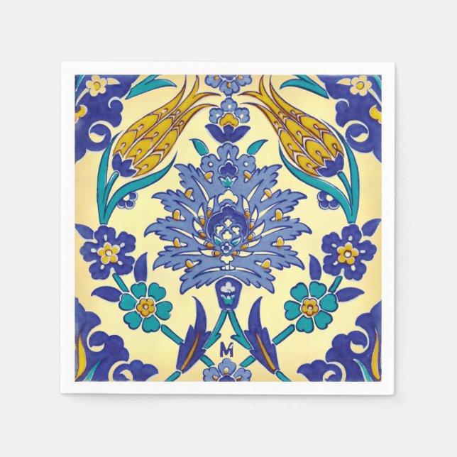 Monogram Azulejo Ceramic Style Vintage Ornament Napkin (Front)