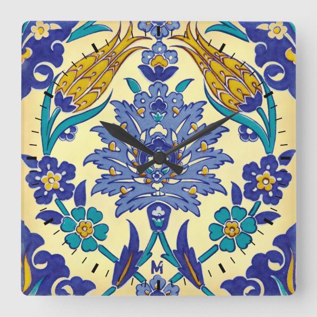 Monogram Azulejo Ceramic Style Vintage Ornament Square Wall Clock (Front)