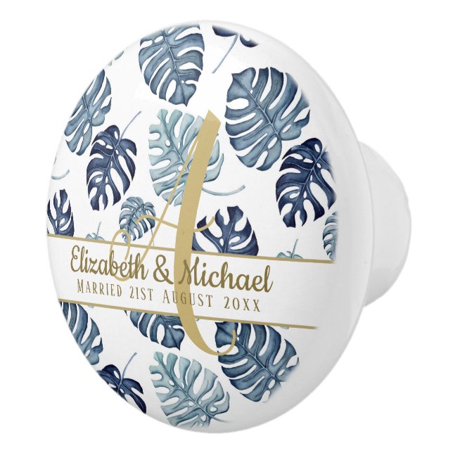 Monogram Azure Blue Tropical Leaves Gold Newlyweds Ceramic Knob (Right)