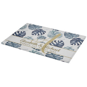 Monogram Azure Blue Tropical Leaves Gold Newlyweds Cutting Board