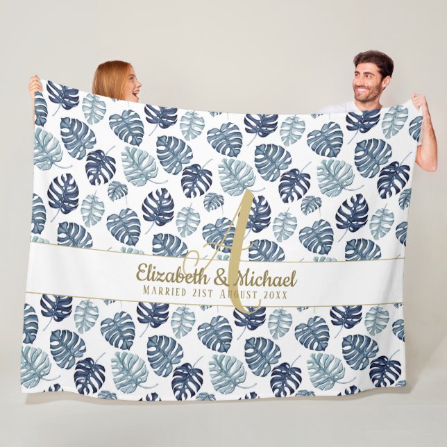 Monogram Azure Blue Tropical Leaves Gold Newlyweds Fleece Blanket (In Situ)