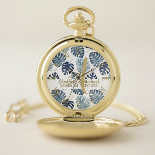 Monogram Azure Blue Tropical Leaves Gold Newlyweds Pocket Watch