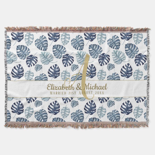 Monogram Azure Blue Tropical Leaves Gold Newlyweds Throw Blanket (Front)