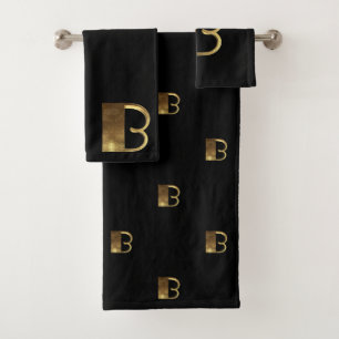 Monogram B Black and Gold Look Elegant Typography Bath Towel Set