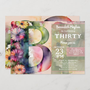 Monogram B Colorful Watercolor Flowers Birthday Invitation